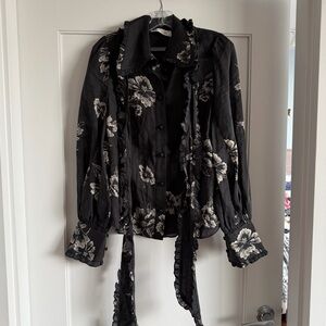 Zimmermann Black Floral Ruffle Bow Shirt